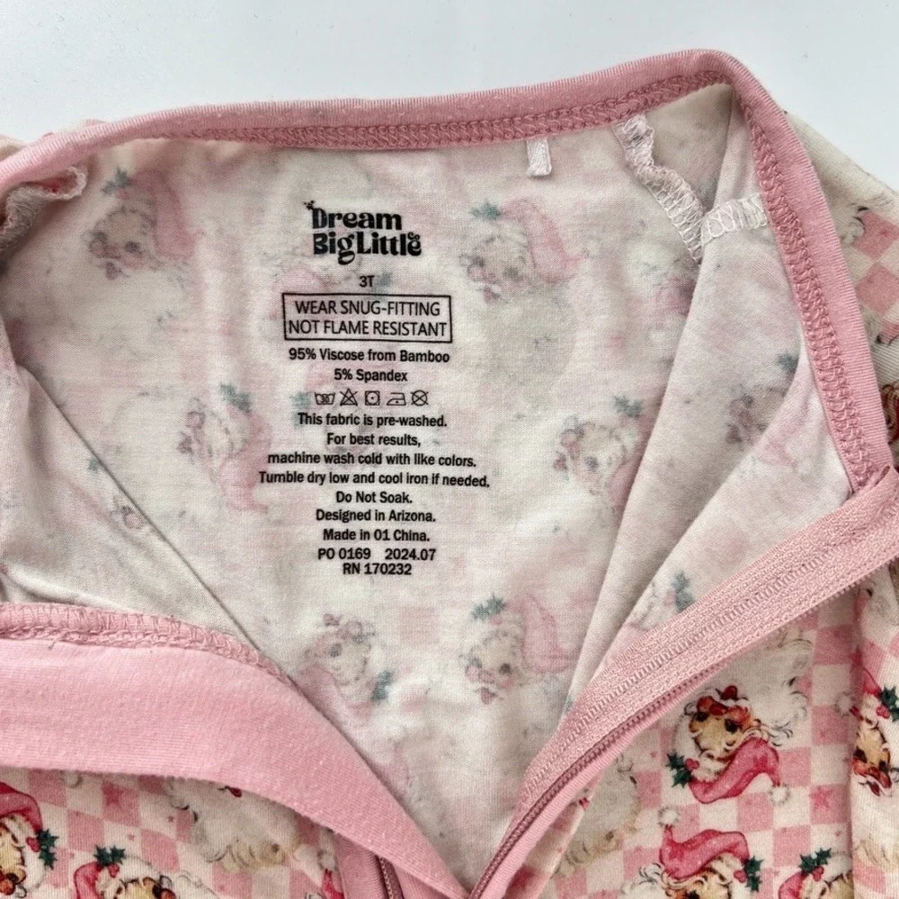 Dream Big Little Co Pink Santa Checkered Bamboo Kitsch Pajamas 3T Vintage Toile